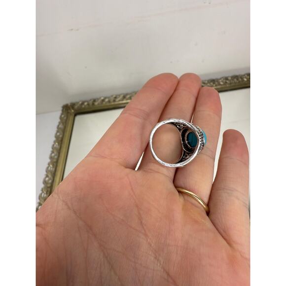 Celtic Blue Oval Faux Silver Turquoise Stone ring Size 6 - Picture 5 of 7